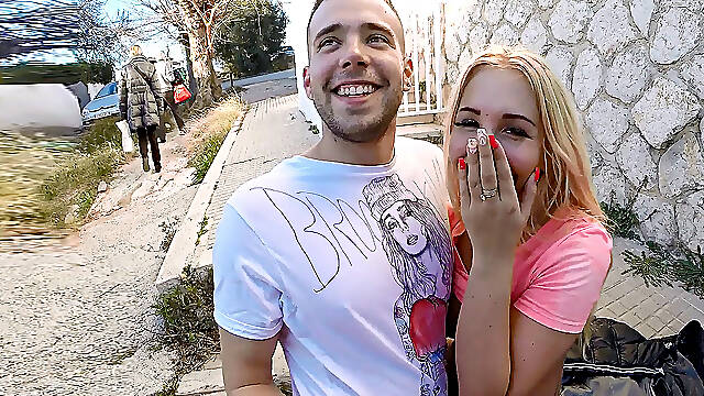 Kyra Hot fucks with a guy in public as an old couple manages to pass them by