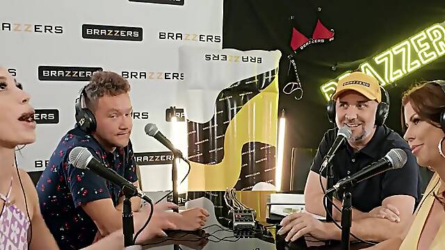 Podcast fuck scene with a horny beauty and stacked MILF