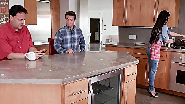 Step mom and stepson fuck next to busy stepdad