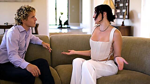 Cock hungry cougar Charlotte Sins spreads legs to ride on the sofa